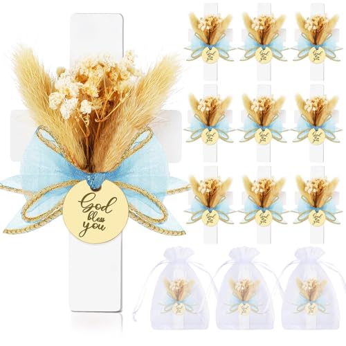 12 Sets Baptism Party Favors for Guests First Communion Favors,Wooden Cross Baptism Magnet with Flowers for Bless Baby Shower Party, Christen Gift,Gender Reveal, (Blue, 12)