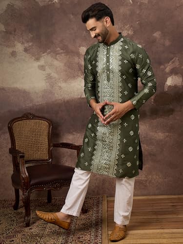 Image of Men's Solid Calf Length Silk Blend Embroidered Kurtas | Men | Kurtas for Mens | Straight Fit Kurta for Men's