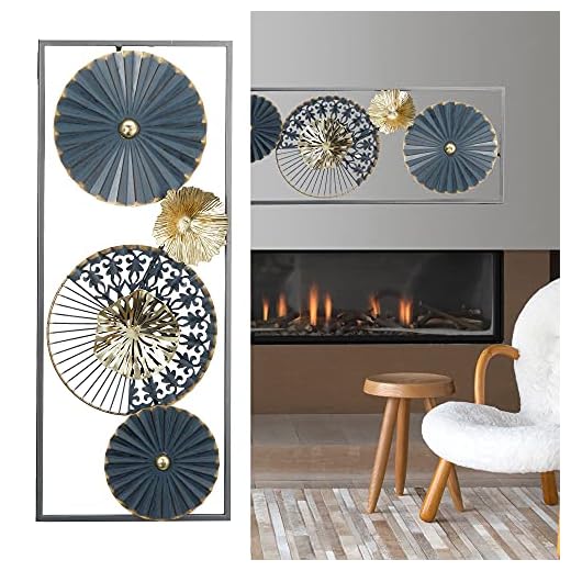 Alexia Décoration murale, aspect 3D, à suspendre, motif de fleurs, en métal, sculpture, utilisable en horizontal et vertical, en bleu, noir et or, (l x P) : 60 x 3,8 cm, 1 pièce