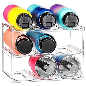 LANDNEOO Stackable Water Bottle Organizer Holder – for Stanley & Others’ Large Tumbler Organization – Clear Wine Rack, Bottle Holder for Home Countertop Fridge Pantry Shelf, 3 Tier Hold 9