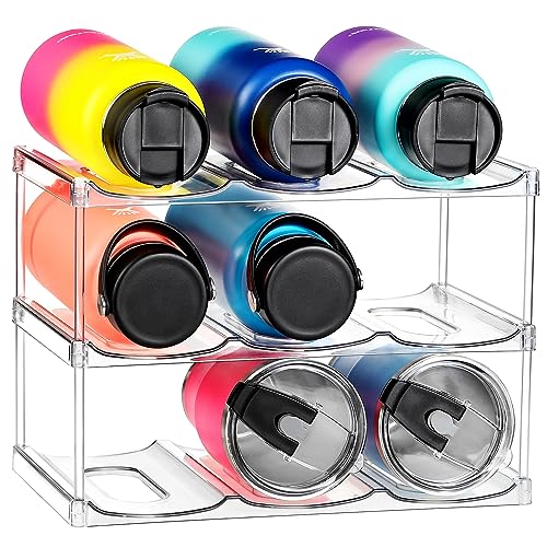 LANDNEOO Stackable Water Bottle Organizer Holder – for Stanley & Others’ Large Tumbler Organization – Clear Wine Rack, Bottle Holder for Home Countertop Fridge Pantry Shelf, 3 Tier Hold 9