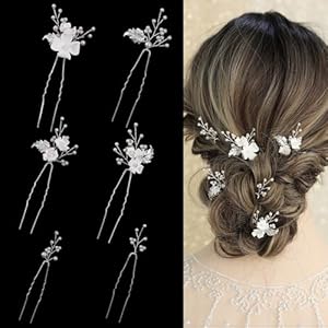 Handmade Pearl Bridal Wedding Hair Pins, 6Pcs White Flower Silver Leaf Pearls Clips Headpiece Accessories Jewelry for Bridesmaids Party Piece Women and Girls Blossoms Silver
