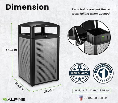 Image of Alpine 40-Gallon Outdoor Commercial Trash Can with Locking Lid - Heavy-Duty Weather-Resistant Metal Garbage Bin with Removable Liner for Parks, Restaurants & Public Spaces