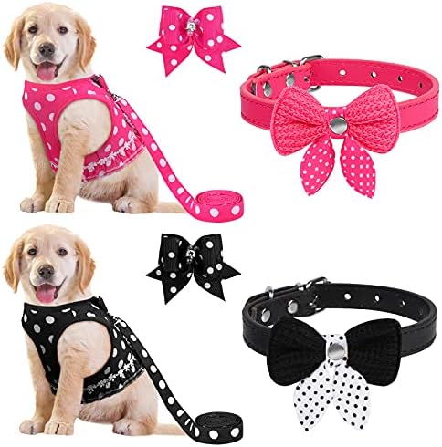 URATOT 2 Pieces Cute Dog Harness and Leash Set Polka Dots Dog Vest Harness Set with Leash and Bow Pet Headwear Bow Collars Harness Set for Puppy and Cat