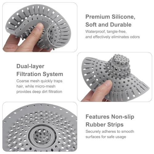 3 Stück Abflusssieb Silikon Haarsieb Dusche mit 1 Stück Reinigungspinzette, 12.5 cm Universelles Duschsieb Haarfänger, für Badewanne, Waschbecken und Küche, Verstopfungsschutz Gegen Haare (Grau)