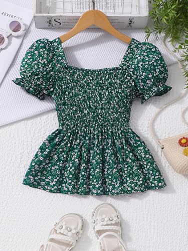 Image of Seechoslo 2025 Tween Girls' Cute Short Sleeve Square Neck Smocked Elastic Short Sleeve Woven Shirt Top