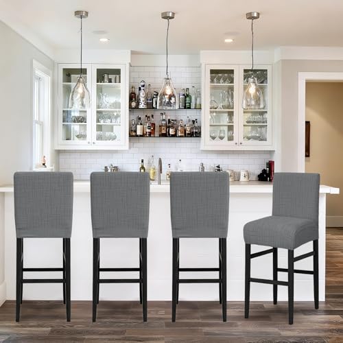 Image of JIUZHEN Dark Grey Stretch Velvet Bar Stool Counter Covers Set of 6 | Washable Removable Rectangular Seat Covers, Water Resistant, Kitchen, Dining, Pub, Hotel, Wedding and Party Counter Stools