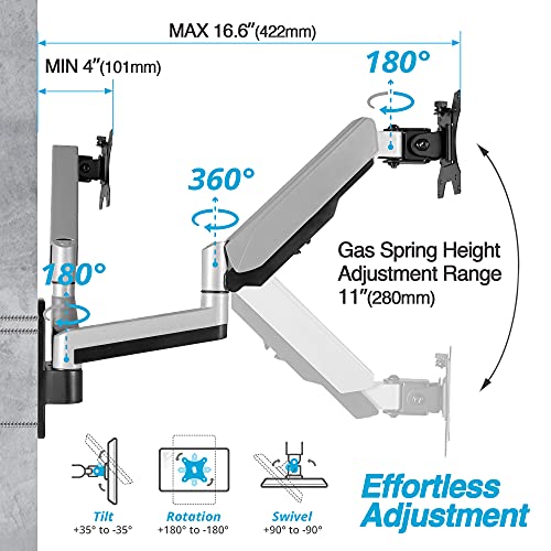 Image of AVLT Dual 32 inch Monitor Wall Mount - Mounts Two 17.6 lbs Computer Monitors on 2 Full Motion Adjustable Arms - Organize Your Work Surface with Ergonomic Viewing Angle VESA Monitor Mount | Supports flat /curved screens up to 17.6 lbs each. Smooth gas spring, VESA 75x75 /100x100 and clean cable routing