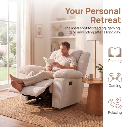 Image of Oversized Corduroy Manual Lounge Recliner Chair Bed, White