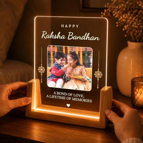 Image of Giftplease Personalized Raksha Bandhan LED Acrylic Photo Frame with Rakhi, Roli Chawal & Greeting Card, USB Wooden Base Night Lamp, Brother Sister Keepsake, Memory Display, Festival Home Decor
