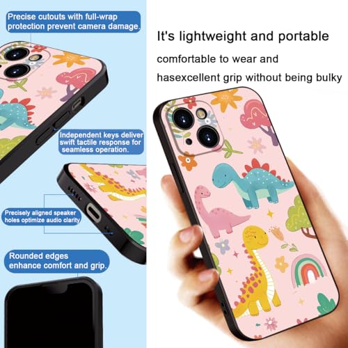 for iPhone 15 Case Dinosaur Cartoon Cute Pink Phone Case - 3 Colorful Dinosaurs with Flowers & Rainbow Design, Playful & Stylish Protective Cover for Girls & Women (B1-Cartoon Cute Dinosaurs)