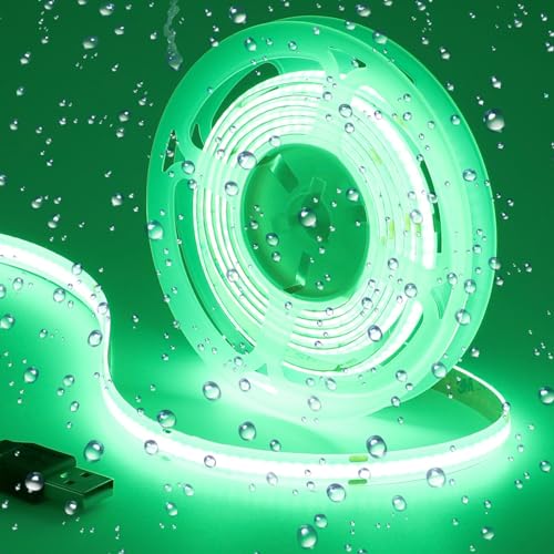 GOMING USB COB Green LED Strip Light DC 5V USB Powered IP65 Waterproof 6.6ft/2M 320LEDs/M Flexible LED Tape Lights for TV Backlight, Cabinet,Home DIY Lighting