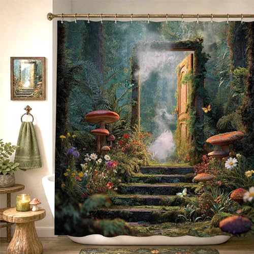 Mocsicka Fantasy Shower Curtain Enchanted Forest Shower Curtain for Bathroom Moody Bathroom Decor Waterproof Machine Washable Bathtub Curtain Set (Green 71x71inch)