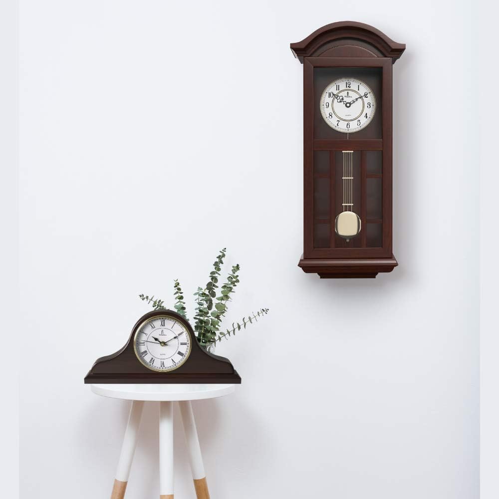 Mantel Clock & Pendulum Wall Clock Battery Operated Set - Silent, Quartz Wood Pendulum Clock & Mantle Clock, Decorative for Living Room, Office, & Home Décor Gift