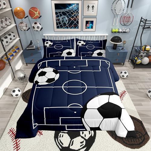 Boys Football Comforter Set Toddler Size Soccer Ball Pattern Down Comforter for Kids Teens Game Room Decor Sports Theme Football Court Bedding Set Polyester Quilt Set with 1 Pillowcase, White by Castle Fairy - Used condition - CA$63.87