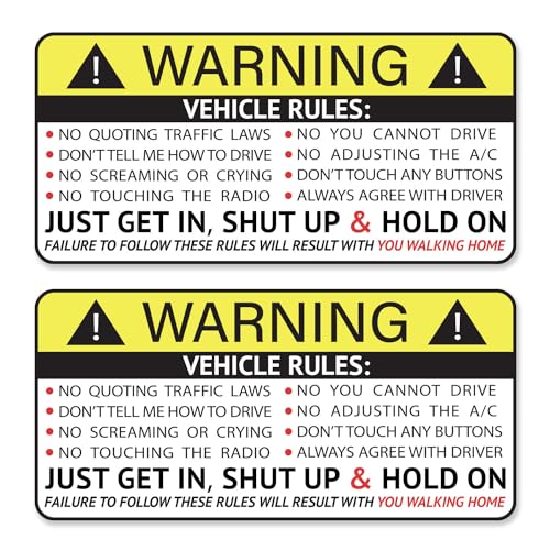 GRITKULTURE Funny Passenger Rules Vehicle Safety Warning Decal Stickers 2 Pack 1.8 inch X 3.7 inch Vinyl for Car, Dash, Truck, Window, Tumblers, Graphic Bumper for Laugh