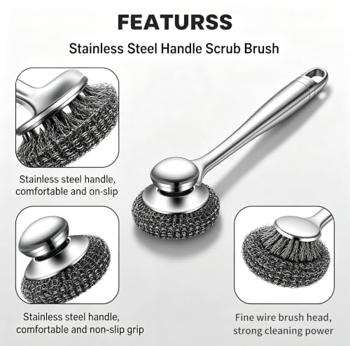 Image of Steel Wool Scrubber with Stainless Steel Handle for Cast Iron(3pcs) | Scouring Scrubber, For Pots and Pans, Grill and Stove Use, Sink Cleaning, 1 Piece