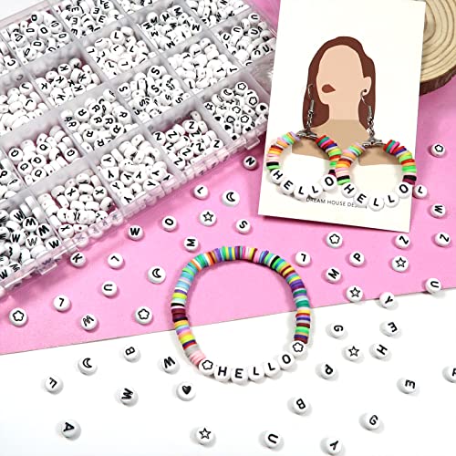 TOAOB 1440pcs White Round Letter Beads 4x7mm Acrylic Alphabet Beads Black Letter A to Z and Star Heart Bead with Elastic String Cords for DIY Jewelry Making Bracelets Necklaces Key Chains
