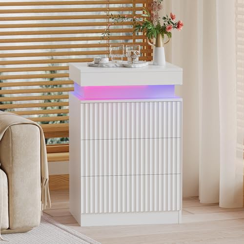Image of Fluted Nightstand with Charging Station and LED Light, Bedside Table with Sliding Top, USB Ports and AC Outlets, 3 Drawer Storage Cabinet, Modern End Table for Bedroom, White