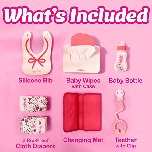 Litti Pritti Baby Doll Accessories | Diaper Bag Set | Premier Playtime Playset For Baby Dolls | Fabric Diapers, Magic Bottle, Wipes & More | Toy For 3 4 5 6 7 8 Year Old | Gifts For Toddler Girls #TOP6