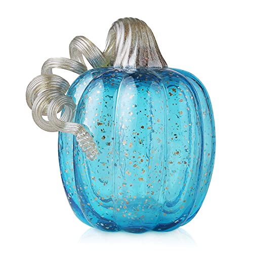 Glitzhome Hand Blown Glass Pumpkin Decor 6 Blue - Artisan Fall Table Centerpiece for Thanksgiving Harvest Home Decor Halloween Displays