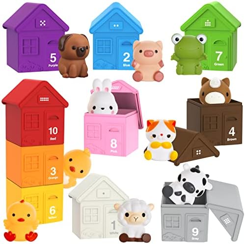 Bestbase 20 Pcs Educational Toddler Toys - Farm Animals for Toddlers 1-3, Montessori Toys with Finger Puppets Learning Color Matching Sorting Stacking, Baby Gifts Toys for 1+ Year Old Girl/Boy