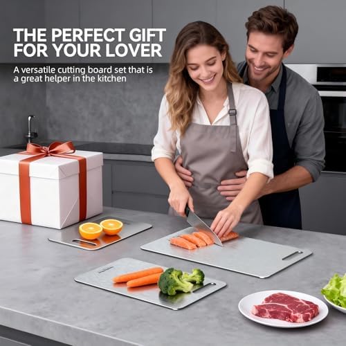 100% Pure Titanium Cutting Board Set of 3, Reversible Dual Side Hygienic Kitchen Cutting Board, Odor Resistant Stain Proof Metal Board with Handle Cutout, Dishwasher Friendly — view 7