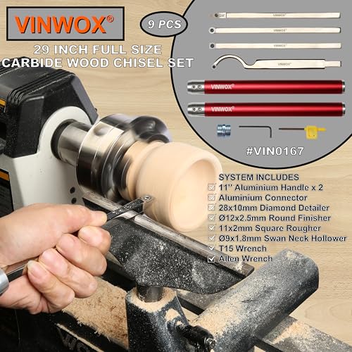 VINWOX 9 PCS Carbide Wood Lathe Turning Tool Set, Pen Turning tools, Including Swan Neck Hollower, Rougher, Finisher, Detailer, Aluminum Handles from 14" to 29", Fine Polished Stainless Steel Shank