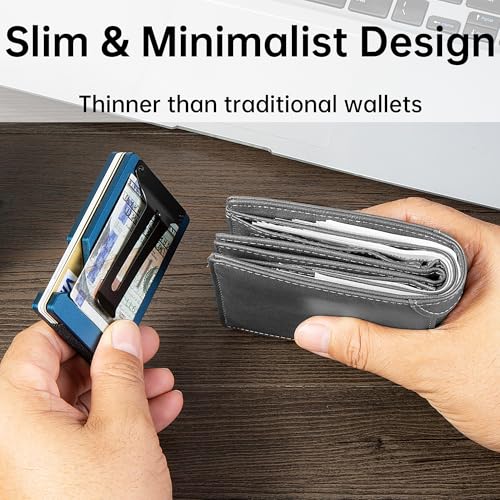 Image of Minimalist Carbon Fiber Wallet for Men, Money Clip Cash Strap Wallet, RFID Blocking Metal Wallet Aluminum Card Holder,Front Pocket Wallet(Matte Blue)