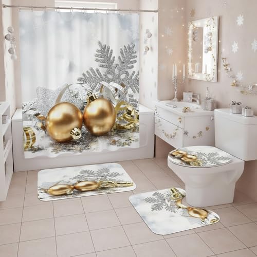 Ensemble rideaux douche Noël 4 pièces avec tapis de bain épais - 4