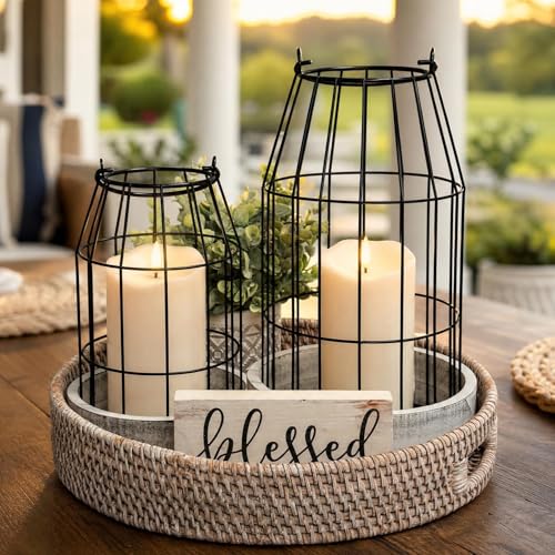 Rustic Farmhouse Lantern Decor Set of 2 - Stylish Decorative Lanterns for Your Living Room, Patio & Porch or Kitchen Dining Table - Modern Indoor/Outdoor Coffee Table Decor for Your Entire Home