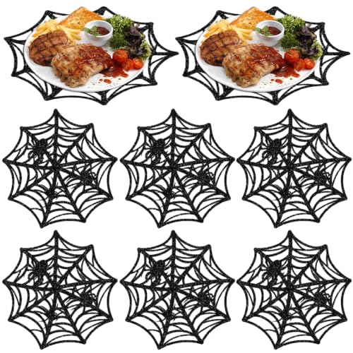 Halloween Spider Web Placemats Set of 6, Non Slip Heat Insulation Black Web Table Place Mats for Dining Table Halloweens Decoration
