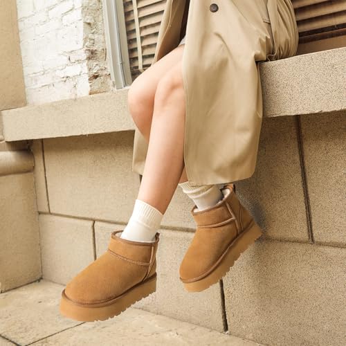 DREAM PAIRS DREAM PAIRS Women's Platform Winter Snow Boots Genuine Suede, Water Resistant Mini Ankle Boots Stable Lightweight Booties Anti-Slip with Memory Foam Outdoor Fuzzy,Size 8.5,Chestnut,DWUMSB2