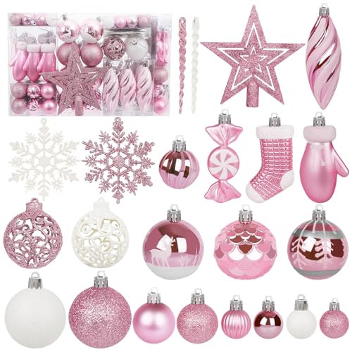 Miaikoe 135 pièces Boule de Noël Ornements Ensemble, Boule de Noël pré - attaché en Plastique incassable Arbre de Noël Pendentif Ornements Fête de Noël décoration de Vacances (Rose)