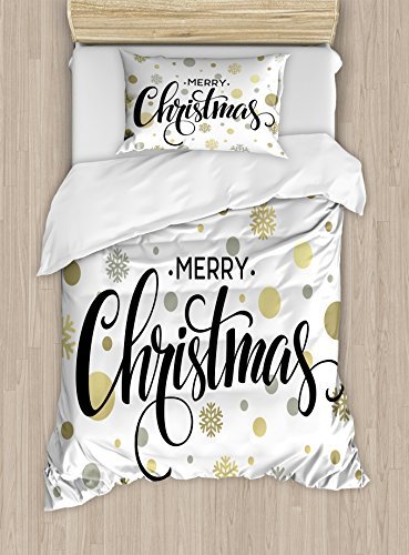 Ambesonne Christmas Duvet Cover Set, Merry Christmas Lettering on an Abstract Modern Snowflake Dot P
