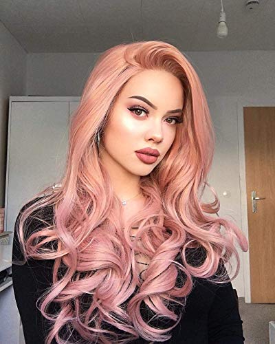 MARBER Peluca rizada rosada Pelucas largas delanteras del cordón Pelucas delanteras sintéticas del cordón rosado con el pelo del bebé para el pelo resistente al calor de las mujeres, 24 pulgadas