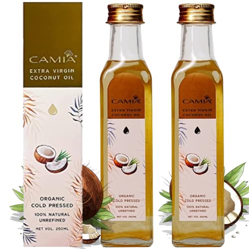 Image of CAMIA - 100% Organic Cold Pressed Coconut Oil for Skin & Hair | 100% Pure & Natural Hair Oil | Skin Hydration & Nourishment | Premium Skin Care | Ideal for Skin & Hair Care | 500 ML Glass Bottle