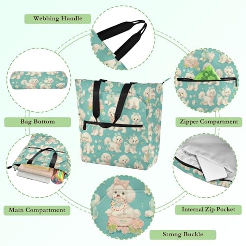 Book Bag Art Tote Bag for Boys Girls Women, Cartoon Puppy Dog Sea Blue Sturdy Reusable Grocery Bag with Zipper Pockets for School Shopping Travel3