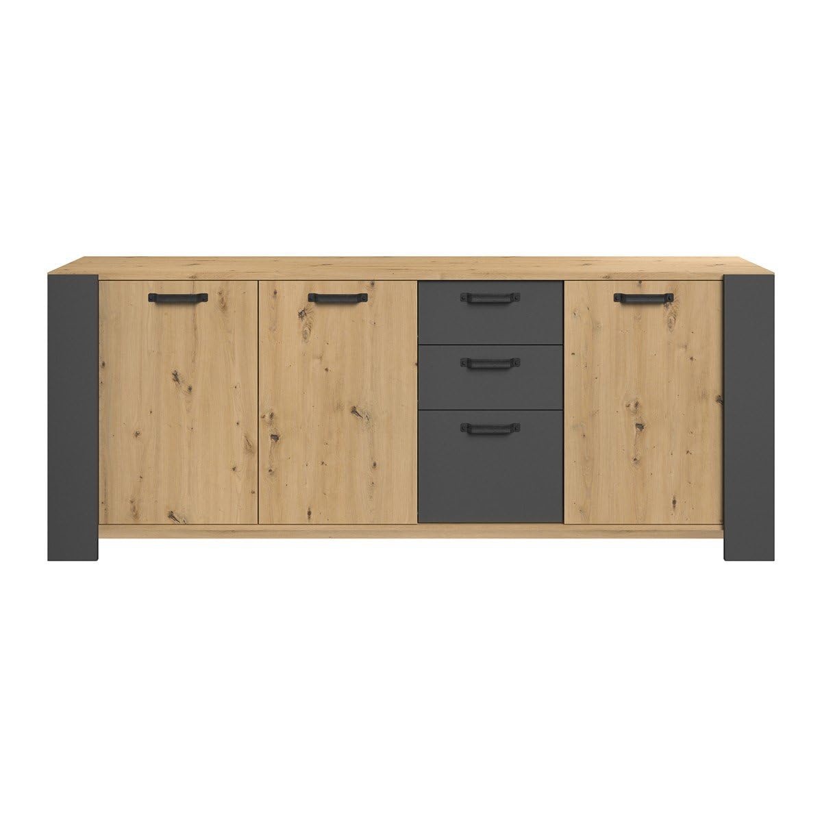 Parisot Travis Enfilade 3 Portes ET 3 TIROIRS Decor CHÊNE ET Gris Ombre