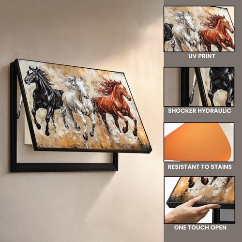 Image of Electric MCB Box Cover Frame With Hydraulic Decorative White 3 Running Horse Painting Electrical Panel box Cover, Switch Box Frame Will Fit Max 15x20 inch Switch Board, Outer Box Size 17X23 Inch