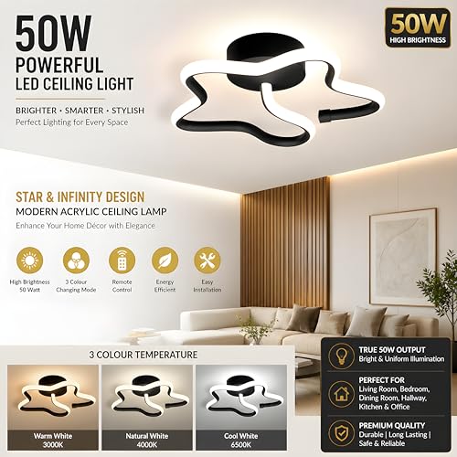 Image of Binyamin 50W Modern LED Ceiling Light for Living Room | Star & Infinity Design Ceiling Lamp |3 Colour Changing Warm White, Natural White & Cool White | Acrylic Ceiling Light for Bedroom Hallway (STAR)