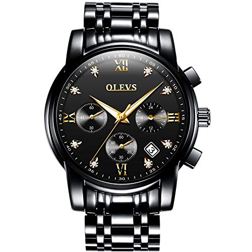 OLEVS Analog Quartz Business Men Watch Stainless Steel Waterproof Luminous Chronograph Date Luxury Dress Classic Casual All Black Big Dail Male Wrist Watches