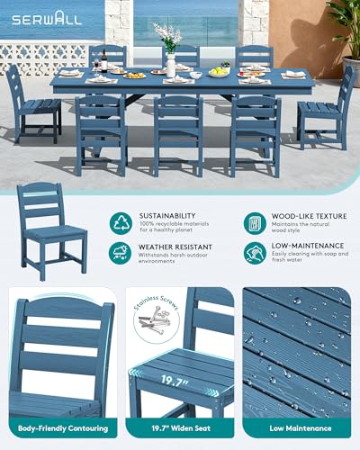 Image of SERWALL Outdoor Armless Dining Chairs Set of 4, All-Weather HDPE Patio Dining Chairs with 19.7 inch Widened Seat and Curved Backrest for Backyard, Garden, Blue