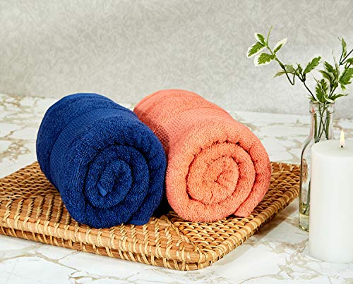 Image of Amazon Brand - Solimo Cotton 2 Piece Bath Towel Set, 380 GSM (Twilight Blue, Coral Pink) 100% Cotton 4 Piece Hand Towel Set, 500 GSM (Sepia Brown and Baby Pink)