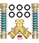 Brass Hose Splitter 2 Way, Heavy Duty Garden Hose Y Splitter with 2 Hose Protectors 6 Extra Rubbe...