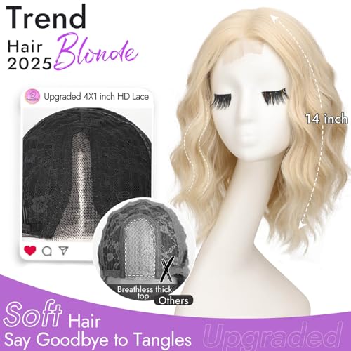 Image of Eawwii Wigs for Women Blonde,Short Wavy Synthetic Lace Wig | Glueless 4x1 Lace Hairline, Heat-Resistant Fiber,Bob Wave Style,Natural Appearance for Everyday Cosplay 14 Inch