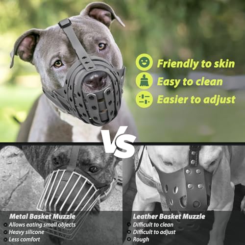 Image of Mayerzon Pitbull Dog Muzzle for Large Medium Dogs Prevent Biting Scavenging | Fits Rottweiler Amstaff Broad-nosed Breed, Sturdy Breathable Basket, Training Walking Use, Allows to Drink | Grey, L