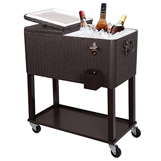 UPHA 80 Quart Rolling Outdoor Patio Cooler Cart on Wheels, Wicker Pattern Portable Drink Beverage Bar for Patio Pool Party, Ice Chest with Shelf and Bottle Opener, Brown