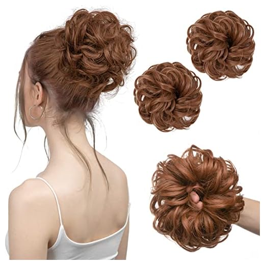 SARLA Messy Bun Hair Piece Light Auburn Synthetic Wavy Curly Updo Ponytail Extension Scrunchies for Women Girls 2PCS