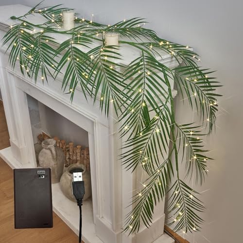 LITBLOOM Lighted Palm Garland with Timer 6FT 120 LED Fairy Lights, Greenery Garland Battery Operated...